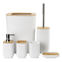 Ensemble d'accessoires de salle de bain de luxe en bambou et plastique, 6 pièces, design moderne : poubelle, distributeur de savon, porte-savon, brosse de toilette, porte-brosse à dents