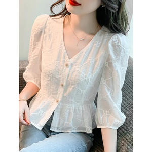 Camicie da donna alla moda alla moda stile Bag-24 eleganti e Casual con maniche a <span class=keywords><strong>tre</strong></span> <span class=keywords><strong>quarti</strong></span> <span class=keywords><strong>camicette</strong></span> Vintage con bottoni in tinta unita - Product Image 2