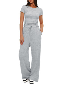 Completo due pezzi a tinta unita a vita alta da donna, outfit casual quotidiano, top e pantaloni coordinati per lo stile <span class=keywords><strong>lounge</strong></span> primavera estate - Product Image 6