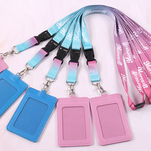 Set Lanyard Pengaman dengan Gesper Lepas Cepat Warna Gradasi Biru Pink Logo Kustom dan Tempat Kartu Identitas Kulit PU Biru Pink yang Serasi - Product Image 1