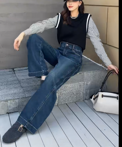 大码女式高腰直筒环保透气牛仔裤常规版型休闲弹力四季通用蓝色 - Product Image 4