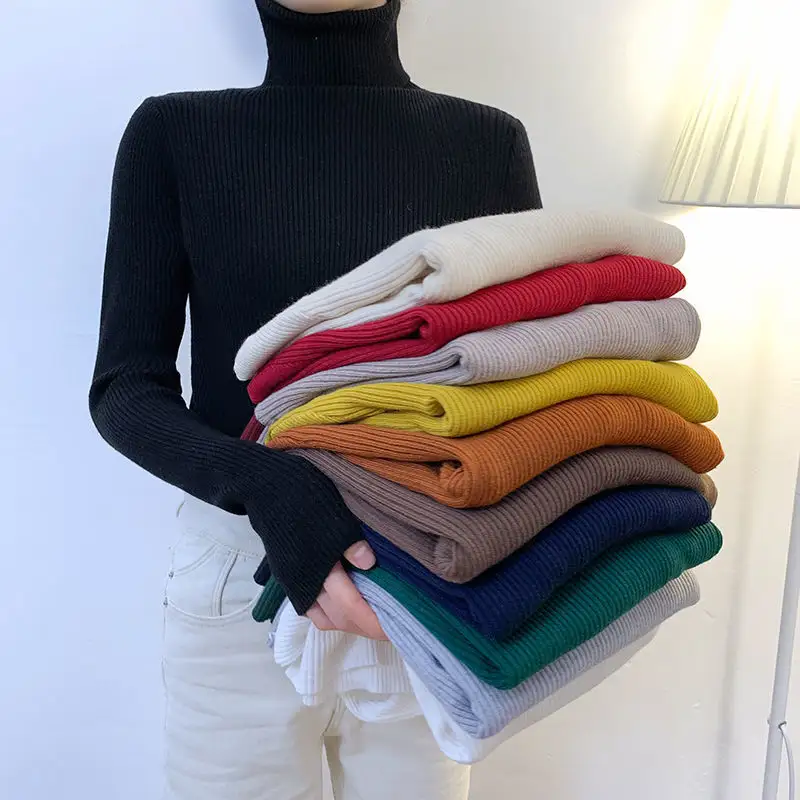 R30489S Damen Pullover Roll kragen pullover Herbst Langarm Slim Elastic Korean Simple Basic Günstige Pullover Solid Color Top