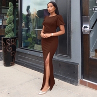 Gaun pendek wanita model bodycon warna polos Y3214, kerah bundar, lengan pendek, dengan potongan samping, cocok untuk jalan-jalan.