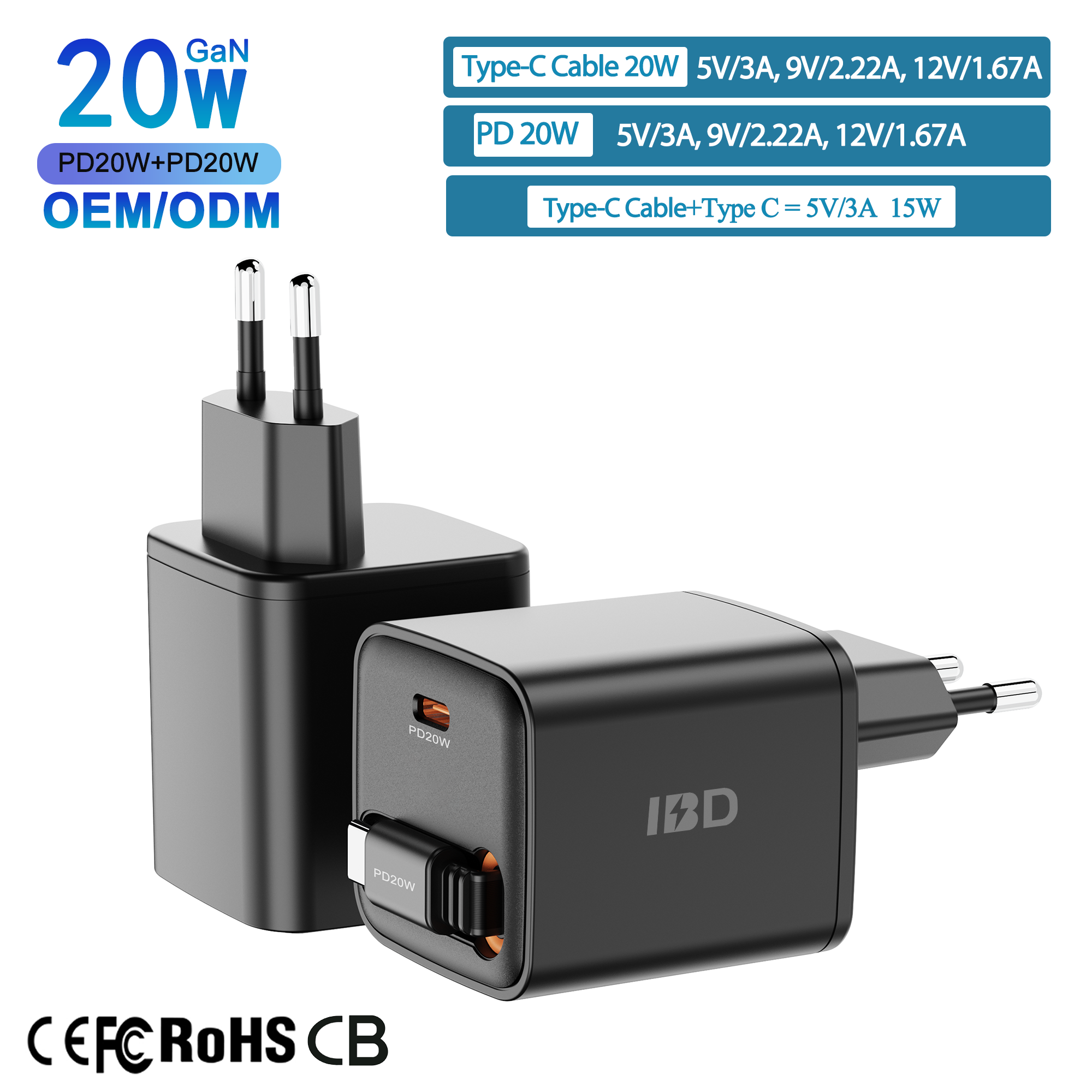 Cargador Rápido de 20W 2C con Enchufe Europeo