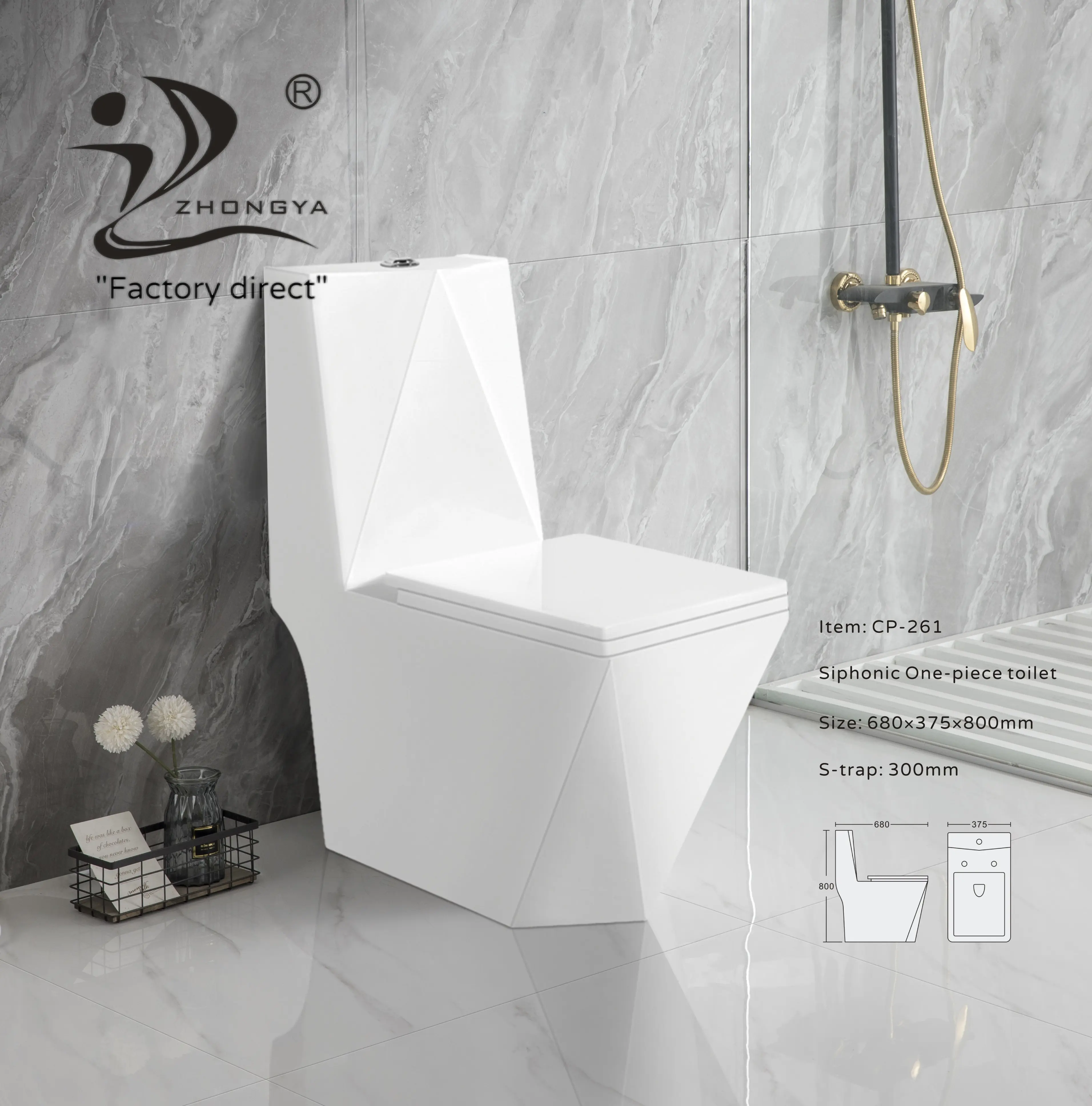 ZHONGYA Oem fabricante baño sanitario sifónico WC forma de diamante inodoro de cerámica barato blanco inodoro de una pieza