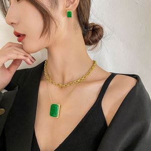 Fashion Eco-friendly Copper Layered Pendant Necklace <b>Set</b> Elegant Simple Big Square Green Zirconia Jewelry <b>Sets</b> for Refined - Product Image 2