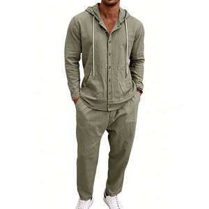 Set da <span class=keywords><strong>uomo</strong></span> per tutte le stagioni, composto da <span class=keywords><strong>camicia</strong></span> a maniche lunghe con cappuccio in <span class=keywords><strong>lino</strong></span>, vestibilità comoda, <span class=keywords><strong>e</strong></span> <span class=keywords><strong>pantaloni</strong></span> a gamba larga. - Product Image 3