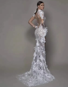 Encantadora Bata de Novia con Apliques de <span class=keywords><strong>Flores</strong></span> 3D Ilusión Sexy y Abertura Alta Vestido de Novia Sirena Vintage Largo Robe De Mariée - Product Image 2