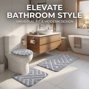 Set di <span class=keywords><strong>3</strong></span> Tappeti da <span class=keywords><strong>Bagno</strong></span> Jacquard Antiscivolo e Assorbenti, Design Moderno, Copriwater e Tappetino Sagomato a U per Forniture E-commerce - Product Image 2