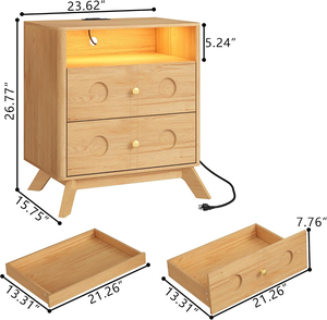 Mesita de Noche Ancha de Roble con LED RGB de 7 Colores, 2 Puertos USB AC, Cajón Oculto de Privacidad y Patas de Madera Maciza - Product Image 4