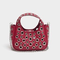 Tas Selempang Wanita Gaya Punk Rock Industrial dengan Lubang-Lubang, Grommet, Eyelet, Pegangan Bulat, Rantai, dan Tali untuk Jalan-Jalan
