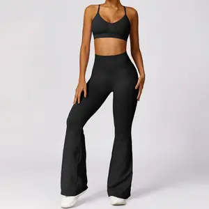 Новый дизайн, женские компрессионные легкие бесшовные расклешенные брюки и топы для йоги, комплекты спортивной одежды