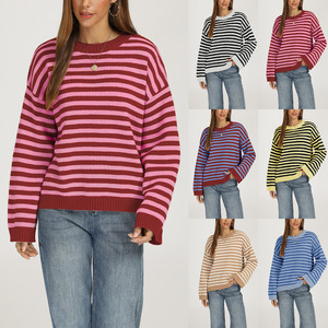 <span class=keywords><strong>Pull</strong></span> en tricot rayé horizontal pour <span class=keywords><strong>femme</strong></span>, col rond, coupe oversize, épaules tombantes, manches longues, <span class=keywords><strong>pull</strong></span> décontracté, broderie personnalisée - Product Image 1
