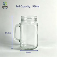 Vente en gros de tasses en verre Mason de 480 ml avec poignée latérale, réutilisables, contenants en verre de qualité alimentaire pour café glacé, cocktails, confitures