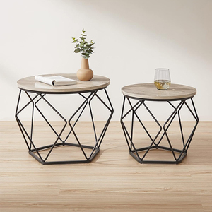 Set di Tavolini <span class=keywords><strong>da</strong></span> Caffè Rotondi Moderni Industriali con Base in Metallo Nero e Struttura in Legno e Metallo per Soggiorno - Product Image 1