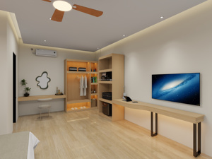 ชุดเฟอร์นิเจอร์ห้องนอนโรงแรมแบบทวินทันสมัยราคาประหยัดพร้อมโครงเตียงไม้สีอ่อน หัวเตียงหุ้มเบาะ และโต๊ะข้างเตียง - Product Image 5