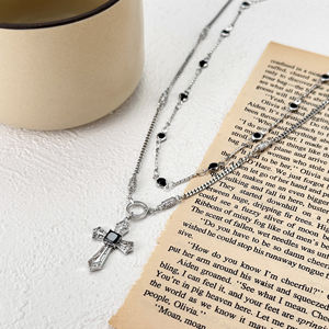 फैशन पीतल का रोडियम सफेद सोने का हार क्रॉस पेंडेंट डबल चेन ब्लैक ज़िरकोनियम डायमंड हार हार - Product Image 6