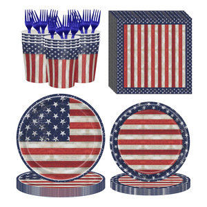 Ensemble de vaisselle de fête drapeau américain 40-60 pièces Assiettes en plastique et en papier Nappe Décorations pour la fête de l'indépendance - Product Image 2