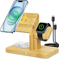 Support de charge sans fil 3-en-1 15W à charge rapide magnétique en bambou pour iPhone 17/16/15/14/13/12 Pro/Max/Plus et écouteurs
