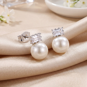 Round White Shell Pearl <b>Stud</b> Earrings S925 <b>Silver</b> Minimalist Jewelry for Women Elegant Wedding Anniversary Gift - Product Image 5