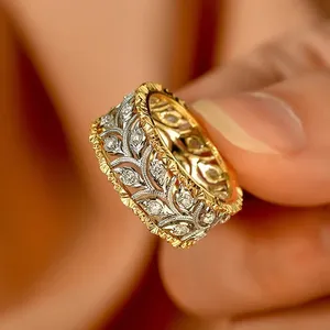 CAOSHI Anelli all'Ingrosso di Lusso con Design a Foglia, Placcatura Bicolore, Anelli a Fascia Traforata per Donne, Spose, Feste, Matrimoni e Fidanzamenti - Product Image 2
