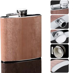 Custom Logo 6oz Stainless Steel Hip Flask Wood Grain <b>Wrap</b> Whiskey Bottle Portable Metal Pocket Liquor Flask for Business Gift - Product Image 3
