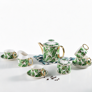Service à café et thé en porcelaine fine BEST Green Leaf, théière et tasses avec soucoupes, poignée dorée, pour la maison et les mariages - Product Image 1