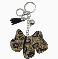 Porte-clés pendentif en forme de chiot imprimé léopard kaki foncé, entièrement orné de strass étincelants avec pompons, de haute qualité, best-seller