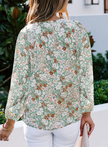 Atasan Wanita Motif Bunga V-Neck untuk Musim Semi, Kemeja Chiffon Kasual untuk Musim Gugur, Atasan Longgar Lengan Panjang Model Lantern, Blus Seksi untuk Bepergian - Product Image 6
