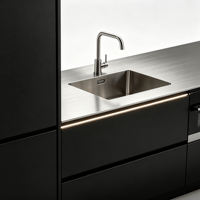Meuble de cuisine modulaire en acier inoxydable 304 noir laqué mat sans poignée avec évier intégré, éclairage LED et four encastré linéaire