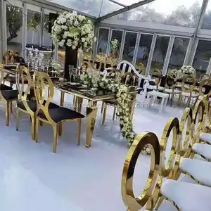 Spiegelglas Luxus möbel Edelstahl Hochzeits stuhl und Tisch Hotel Metall Esstisch Set für Veranstaltungen Hochzeits tische