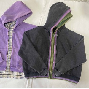 Vente en gros : Blouson à capuche <span class=keywords><strong>zippé</strong></span> coupe courte et ample, délavé à l'acide, avec logo personnalisé, triple fermeture éclair, haute qualité - Product Image 4