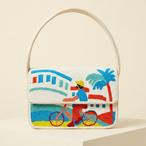Sac à main en toile brodé fait main, forme rectangulaire, motif tropical, objet de collection textile - Product Image 1