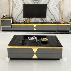 Modern luxury white black gold glass tv stand cabinet and center coffee table set tv console stands for living room furniture