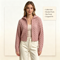 Kajsa – Nouveaux cardigans tricotés sur mesure pour femmes, OEM & ODM, de haute qualité, en maille torsadée menthe, avec fermeture éclair et capuche, hauts tricotés à manches longues, vente en gros