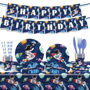 4 Pcs Two The Moon Tablecovers - Galaxy Astronaut Space Theme, 70.8x42.6 Inch, For 2nd Birthday Party Decor