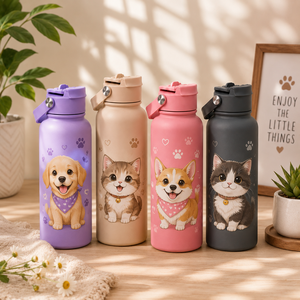Botella Portátil con Tapa Abatible, Aislada al Vacío, de Acero Inoxidable 304, con Diseño Personalizado de Dibujos Animados de Mascotas y Letras, para Camping, Senderismo y Uso Diario - Product Image 2