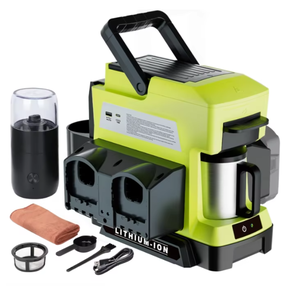 Cafetière sans fil QIYUN CM05 pour <span class=keywords><strong>batterie</strong></span> <span class=keywords><strong>Ryobi</strong></span> 18V, portable, à filtre, avec moulin à café électrique, plastique et métal, camping-car, camping - Product Image 1
