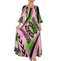 Robe longue maxi ample ethnique pour femme, rose et verte, imprimé tatouage polynésien grunge, manches cloche évasées 3/4, col rond, tendance