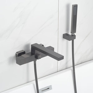 Robinet <span class=keywords><strong>de</strong></span> baignoire gris anthracite allongé, mural, en cuivre, eau chaude et froide, cascade latérale, pomme <span class=keywords><strong>de</strong></span> douche rectangulaire, pour <span class=keywords><strong>salle</strong></span> <span class=keywords><strong>de</strong></span> <span class=keywords><strong>bain</strong></span> - Product Image 5