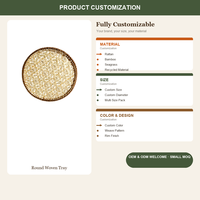 Plateau rond en rotin tissé à la main, plateau de service à tressage ouvert géométrique, décoration de rangement en bambou naturel, vente en gros OEM, plateau de service tissé