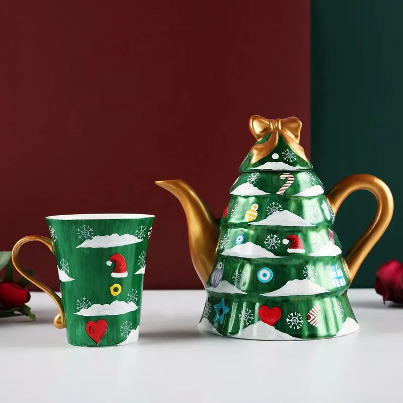 Рождественский керамический чайный набор в европейском стиле, ручная роспись, Рождественская елка, чайник