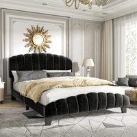 Großhandel Schwarzes Samt-Polsterbett mit Gewelltem Hohem Kopfteil und Gebogenem Fußteil für Modernes Hauptschlafzimmer