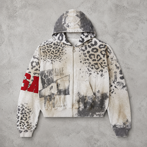 Men's <strong>Zip</strong> <strong>up</strong> Hoodie Cream <strong>White</strong> 370G 100% Cotton Leopard Print Boxy Fit Full Zipper Street Top Custom Logo - Product Image 1