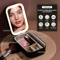 Miroir de maquillage LED portable avec boîte de rangement, miroir de vanité rechargeable par USB, étui pour femmes, organiseur de cosmétiques de voyage