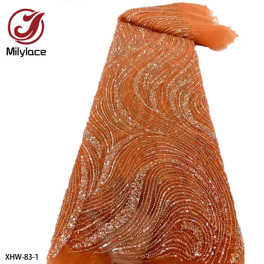 Tela de encaje de tul francés de lentejuelas con cuentas pesadas bordadas de lujo de alta calidad naranja quemada