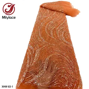 Orange brûlé haute qualité broderie de luxe lourd perlé Sequin français Tulle dentelle tissu