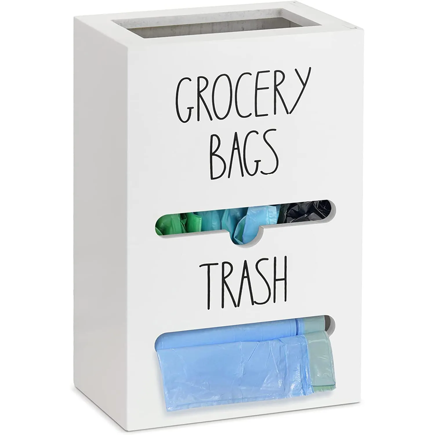 Durable Space Saving White Wood Plastic Dispenser Grocery And Trash Bag Holder 2 In 1