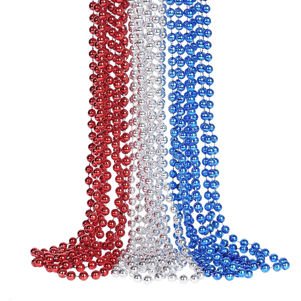 33 inches 6mm Metallic Red Silver Blue 4th Of July Beaded Necklaces Cheap Wholesale 15pcs/set