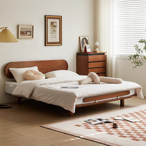 Japanese Style Cherry Wood Tatami <b>Bed</b> 1.8m <b>Double</b> Platform <b>Bed</b> Minimalist Modern Master Bedroom Floating <b>Bed</b> Vintage Flush Edge - Product Image 1